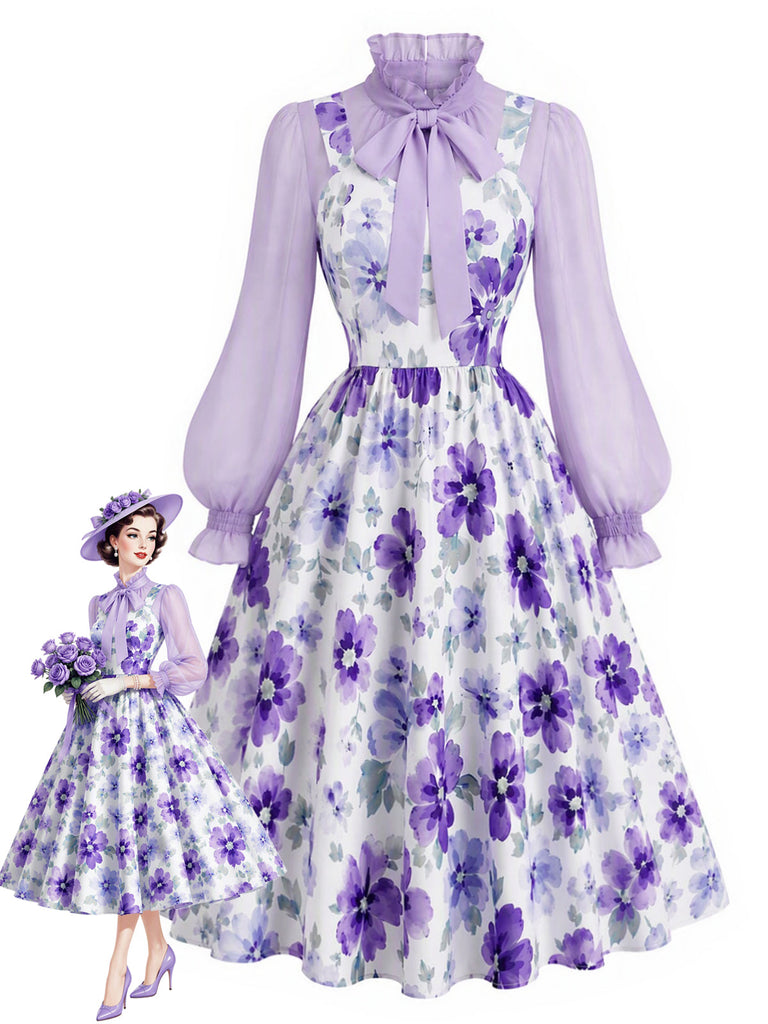 [Prévente] 2PCS Ensemble Blouse à Col Lavallière et Robe à Petites Fleurs Années 1950 - 1