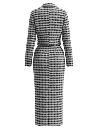 2PCS Ensemble Robe et Veste Blazer en Tweed à Carreaux et Boutons Nacrés Années 1960 - 2