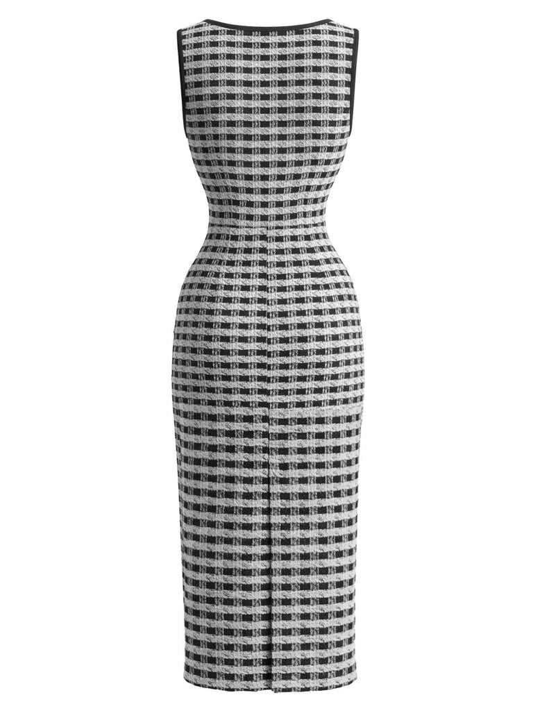 2PCS Ensemble Robe et Veste Blazer en Tweed à Carreaux et Boutons Nacrés Années 1960 - 4