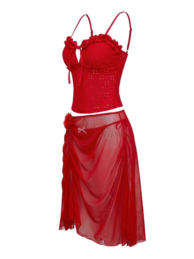 2pcs-red-1960s-cutout-ruffled-tankini-set-cover-up-side-view