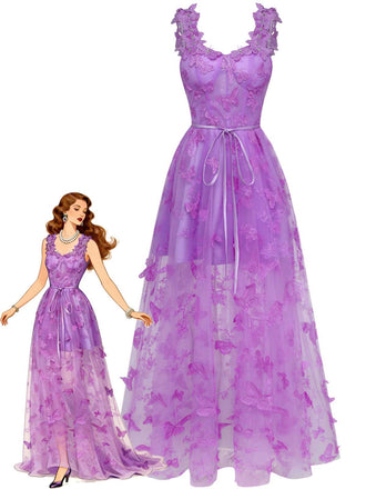 Robe Maxi Bretelles Épaghetti Papillons 3D Maille Années 1930