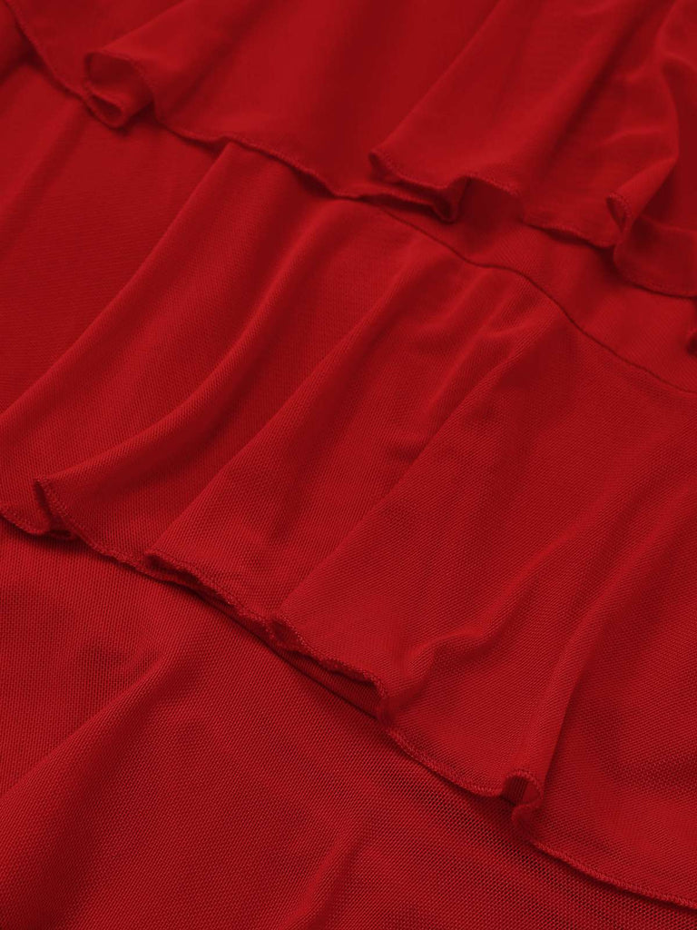 Robe dos nu rouge à volants et laçage floral 3D des années 60