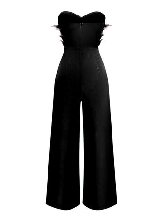 Combinaison sans bretelles à plumes et ceinture unie des années 1970