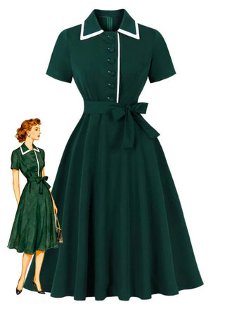Robe trapèze vert foncé à revers contrastés années 1950