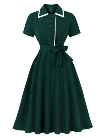 Robe trapèze vert foncé à revers contrastés années 1950