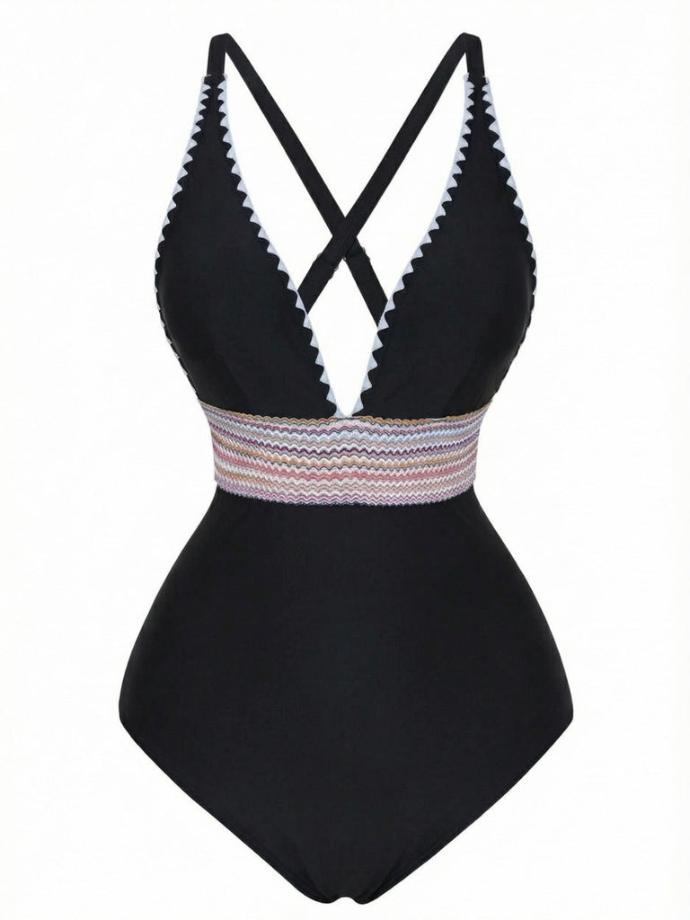 Maillot De Bain Une Pièce Col V Profond Ondulé Patchwork Année 1940