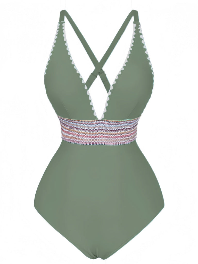Maillot De Bain Une Pièce Col V Profond Ondulé Patchwork Année 1940