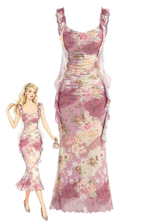 Robe longue rose poudré à volants et détails floraux années 60