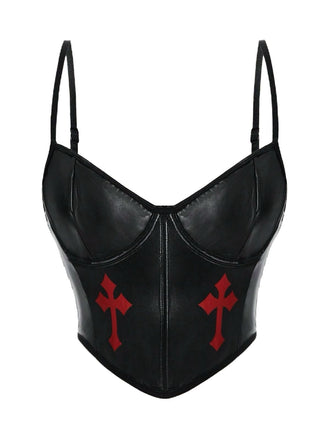 Haut caraco noir en similicuir à motif croix gothique des années 1970