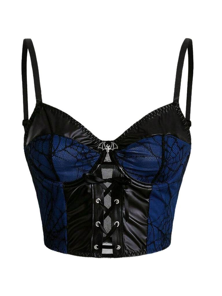 Haut corset patchwork en dentelle punk bleu foncé des années 1980