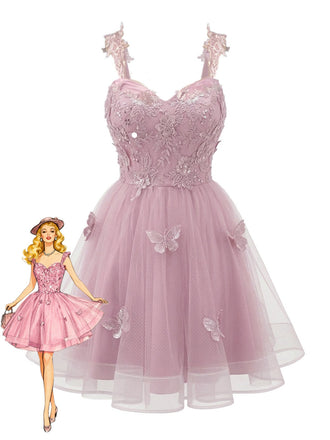 [Prévente] Robe courte rose à paillettes et papillons années 60