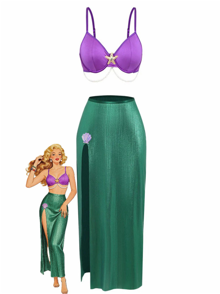 3PCS Ensemble de pyjama sirène en satin perle de mer violet années 1970