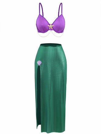 3PCS Ensemble de pyjama sirène en satin perle de mer violet années 1970