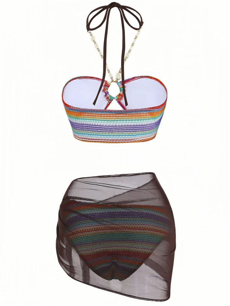 3PCS Multicolore Halter Arc-en-Ciel Rayures Bretelles Coquillage Ensemble Bikini Années 1970 3