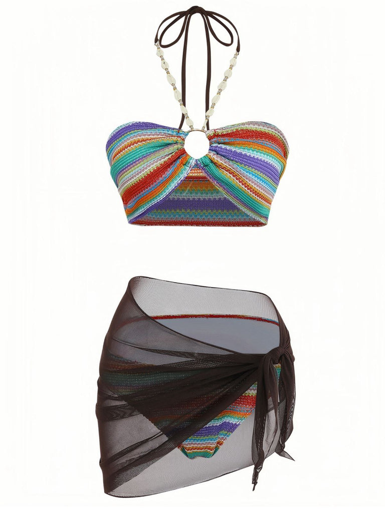 3PCS Multicolore Halter Arc-en-Ciel Rayures Bretelles Coquillage Ensemble Bikini Années 1970 2