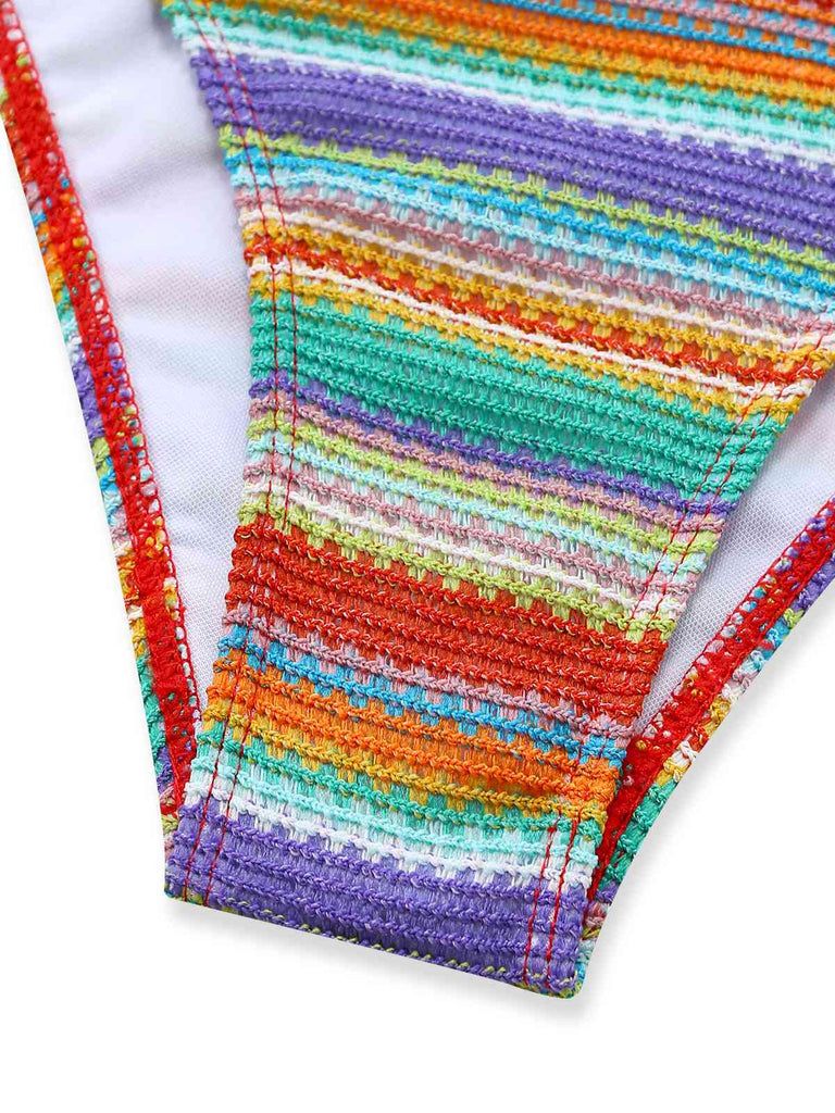 3PCS Multicolore Halter Arc-en-Ciel Rayures Bretelles Coquillage Ensemble Bikini Années 1970 7