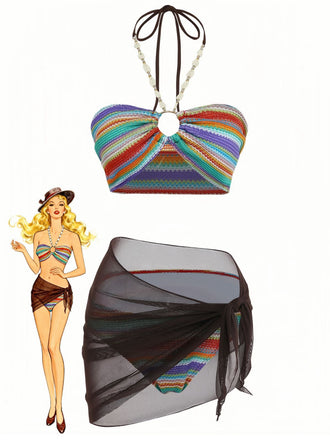 3PCS Multicolore Halter Arc-en-Ciel Rayures Bretelles Coquillage Ensemble Bikini Années 1970