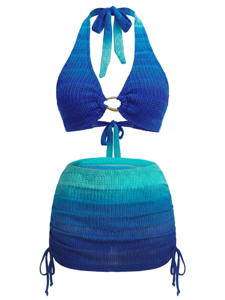 Blue and green bikini set on a white background