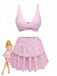 Pink bikini top and skirt set with a doll wearing the outfit on a white background
