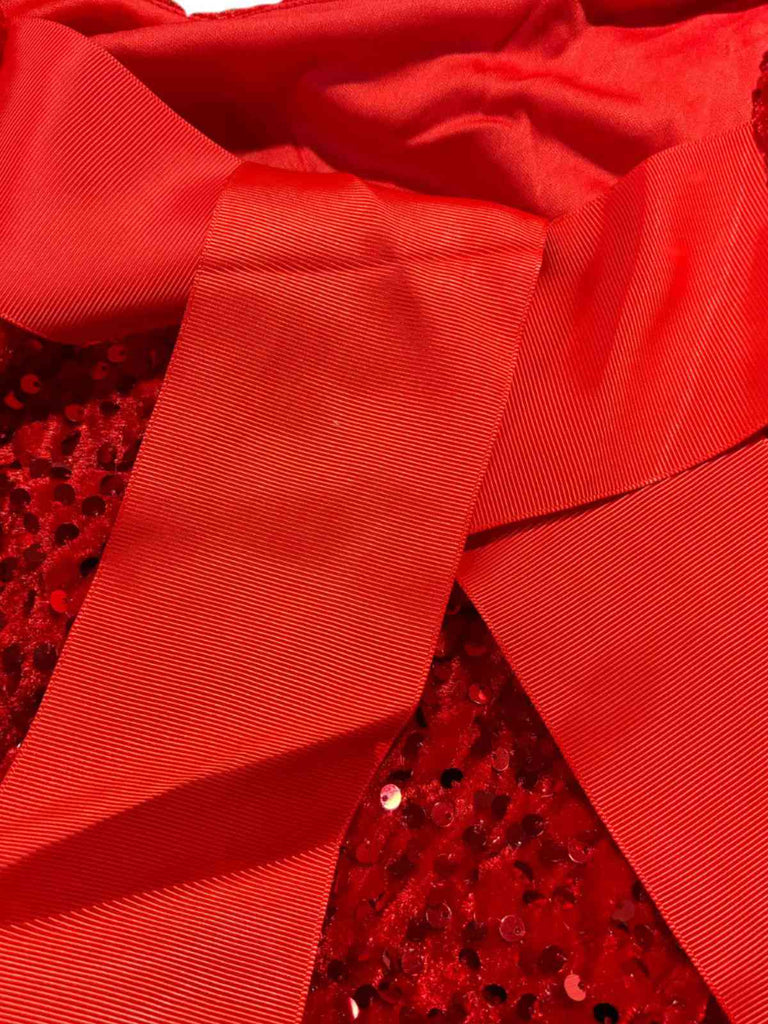 Robe à paillettes rouge manches longues col rond avec nœud des années 1960