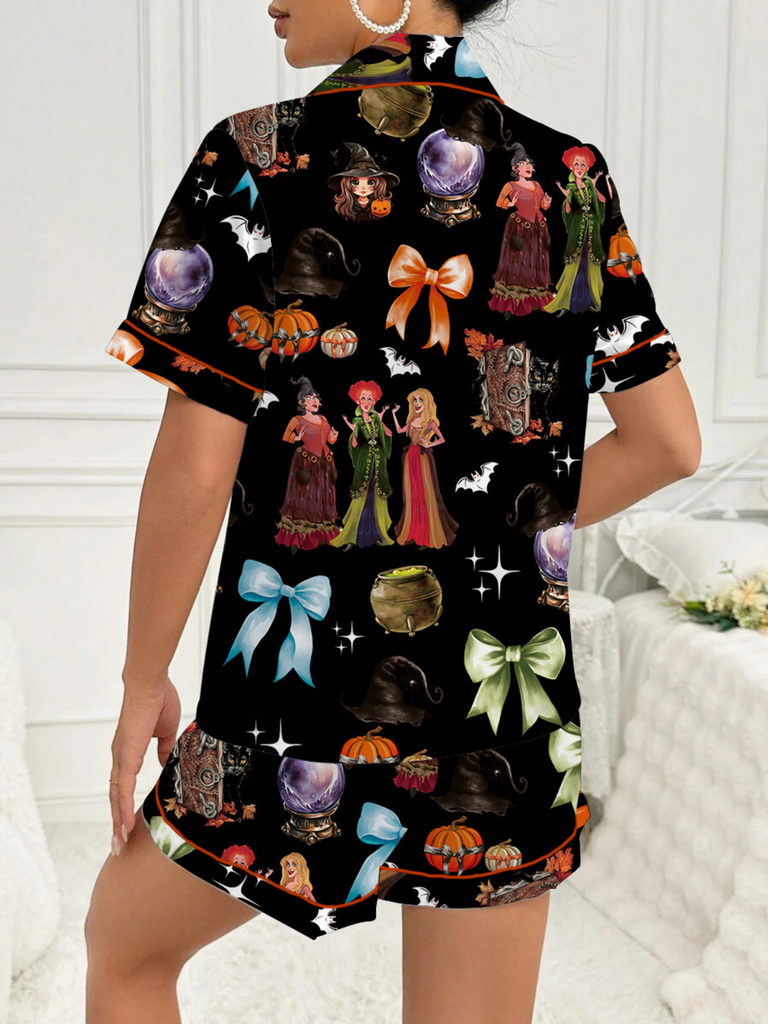 Ensemble de pyjama en satin imprimé sorcière Halloween des années 1970