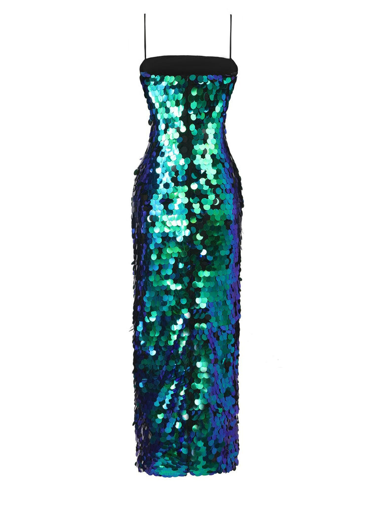 Robe de soirée verte sequins et fines bretelles style années 1920