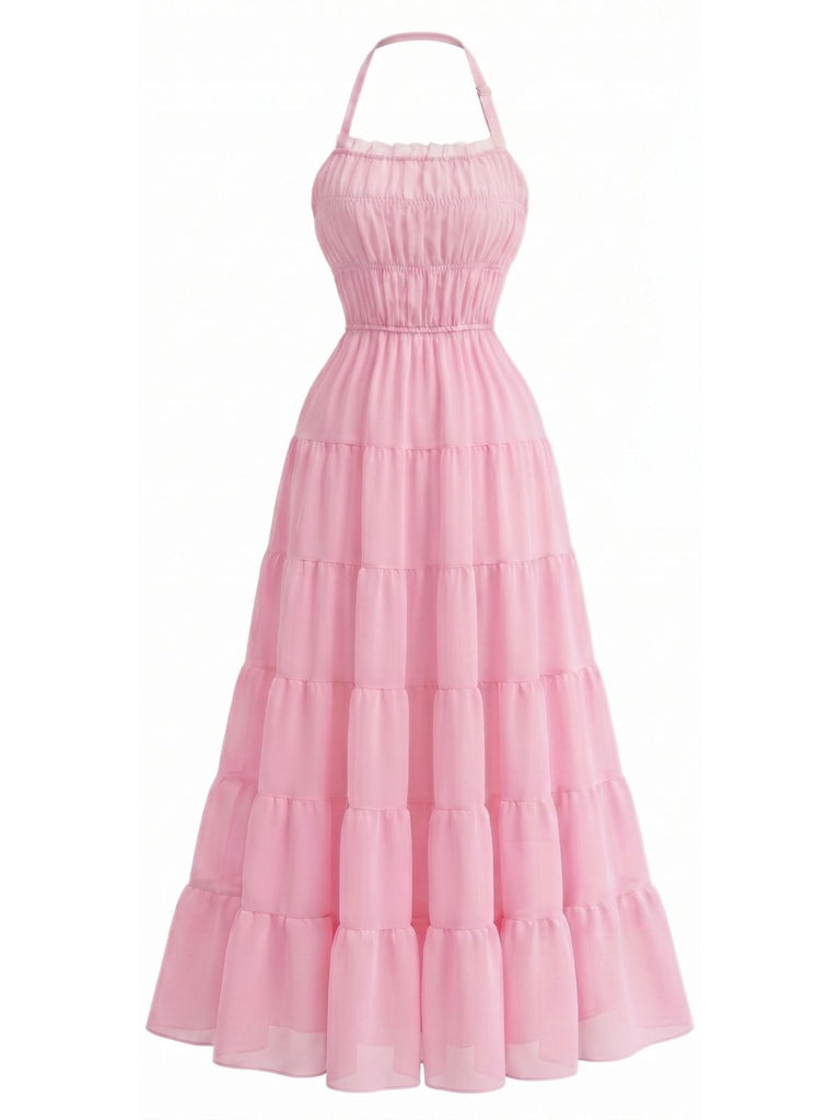 Robe Maxi à Étages Dos-Nu en Mousseline Froncée Années 70
