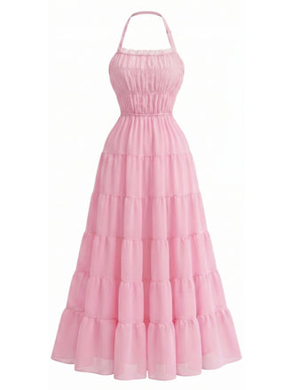 Robe Maxi à Étages Dos-Nu en Mousseline Froncée Années 70
