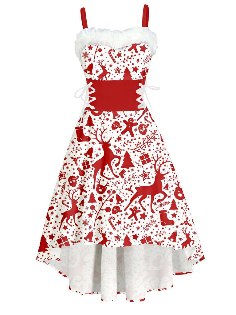 Robe de Noël tartan à ourlet asymétrique bordé de fourrure des années 1950