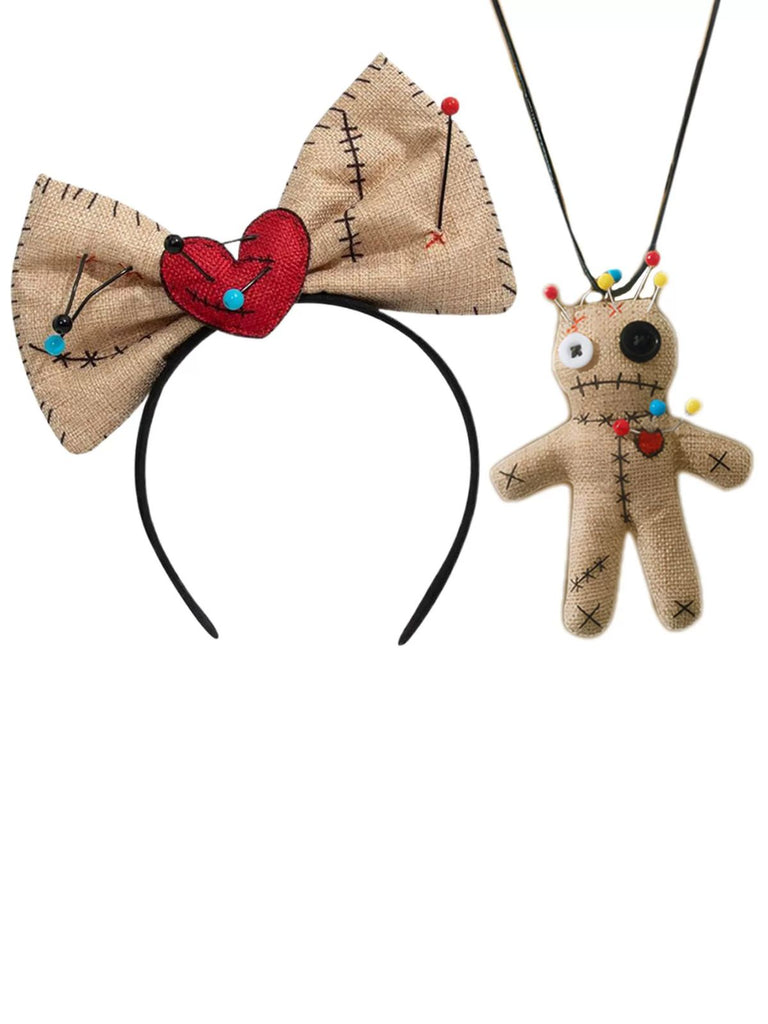 Ensemble bandeau à nœud et collier poupée vaudou kaki
