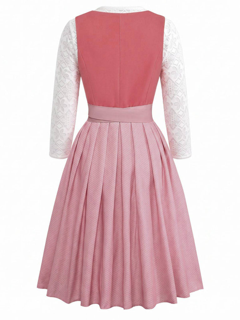 Robe en velours rose décolleté cœur tablier et haut en dentelle années 50