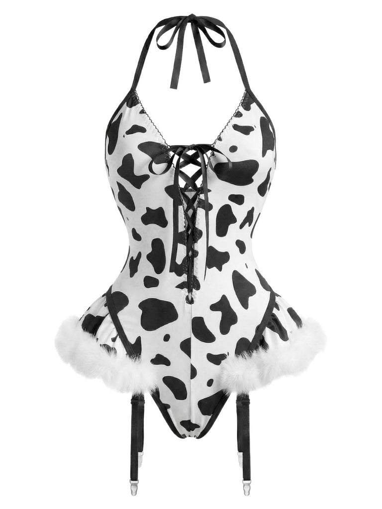 Ensemble de lingerie en peluche lacets et dos nu motifs vache années 1960