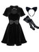 Ensemble robe noire en velours ajouré à nœud et motif chat pour Halloween Années 1980 - 1