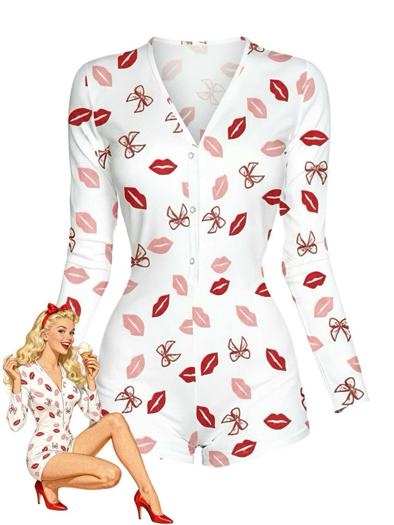 Combinaison pyjama col en V et imprimé cœur années 80