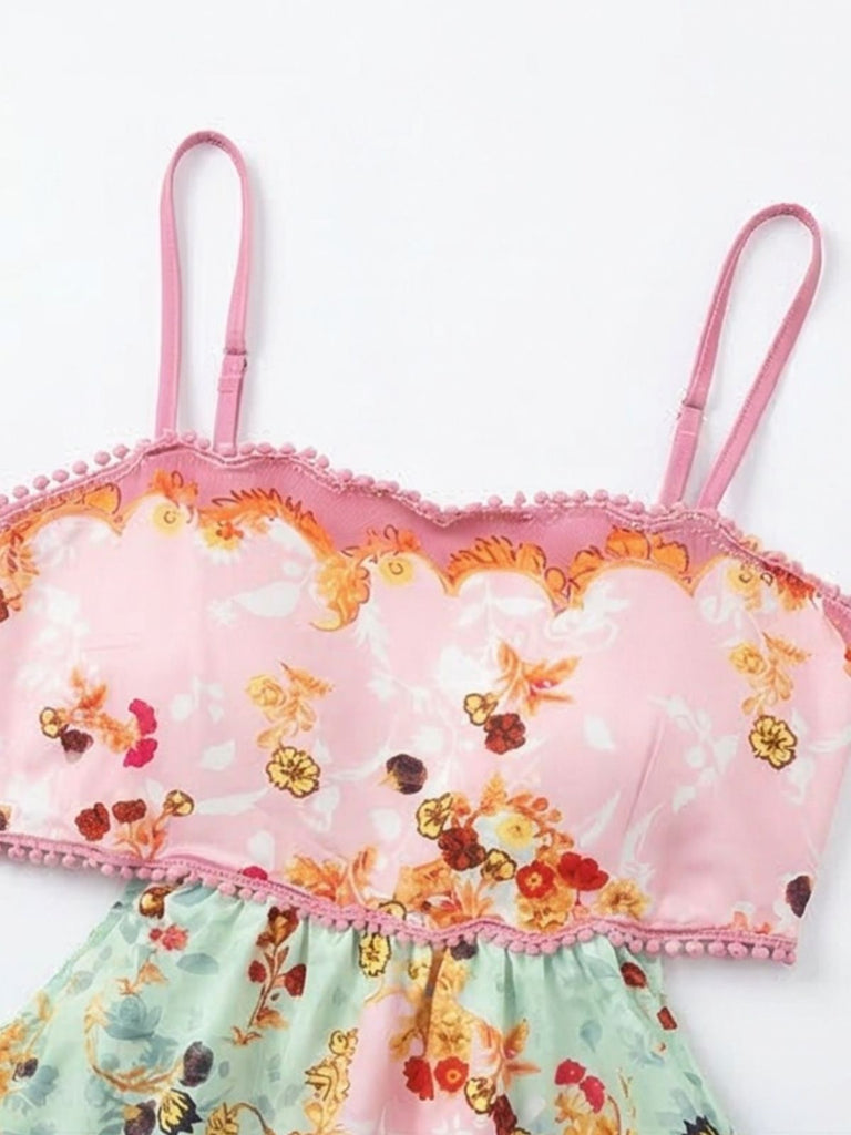Robe longue fleurs volants rose foncé années 30