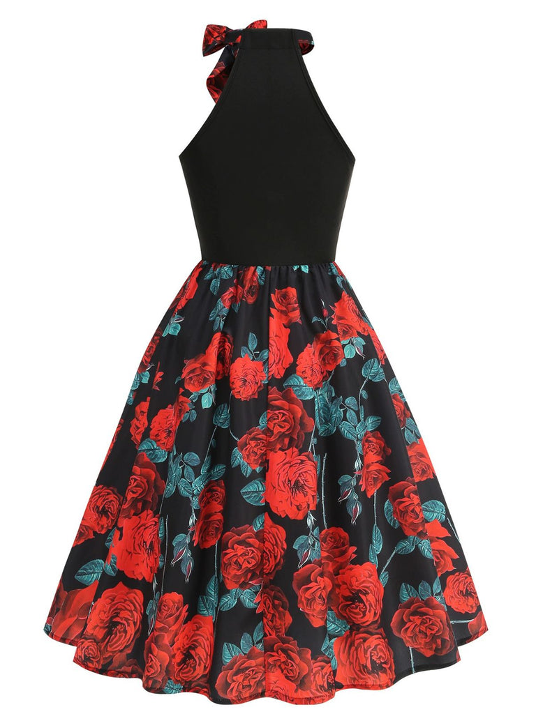 Robe dos nu patchwork col rond et nœud roses rouges des années 1950