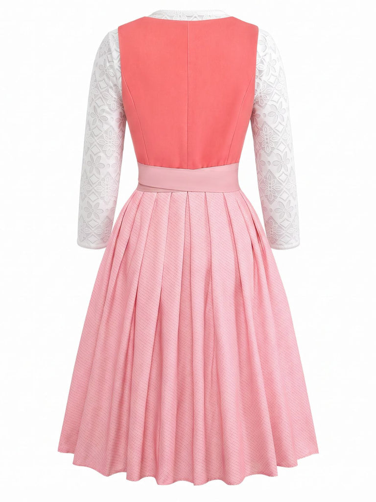 Robe en Velours à Col Cœur et Tablier et Top en Dentelle Rose Années 1950