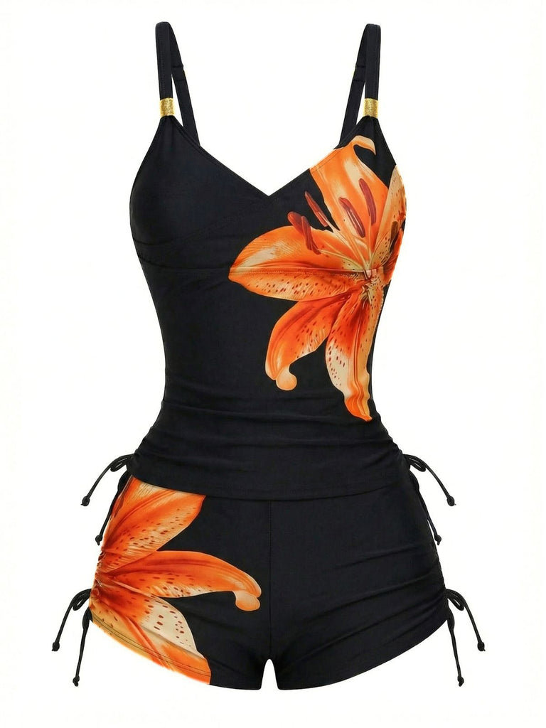 Ensemble tankini à lacets uni à motif floral années 1950