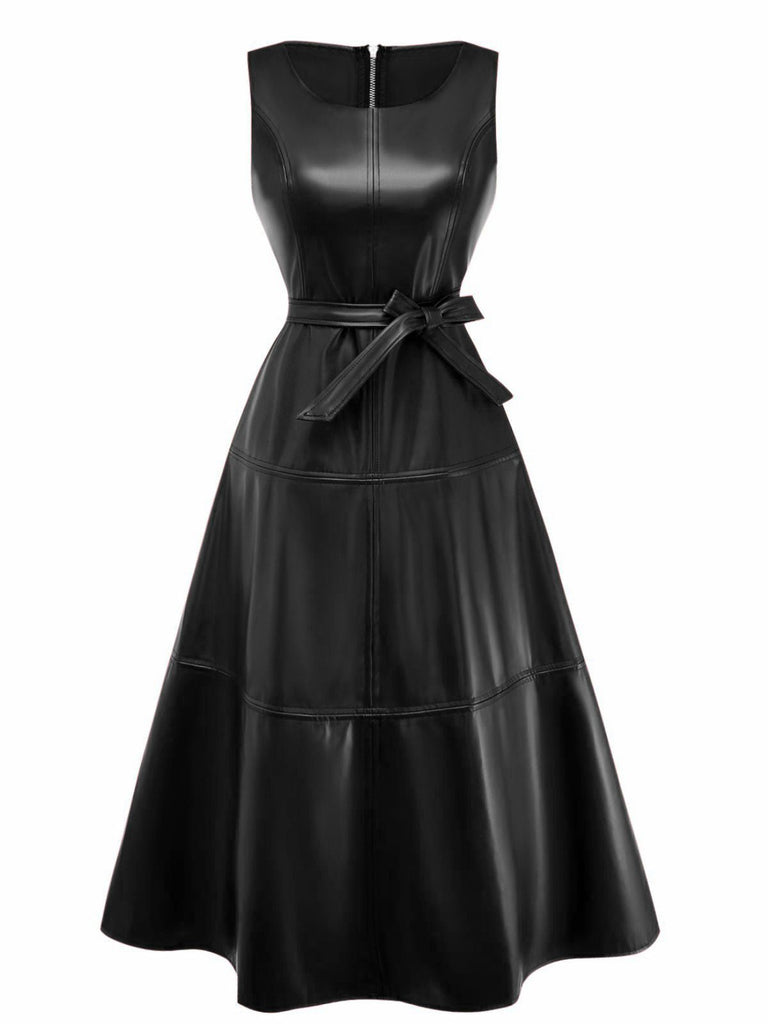 Robe trapèze sans manches en cuir uni années 1980