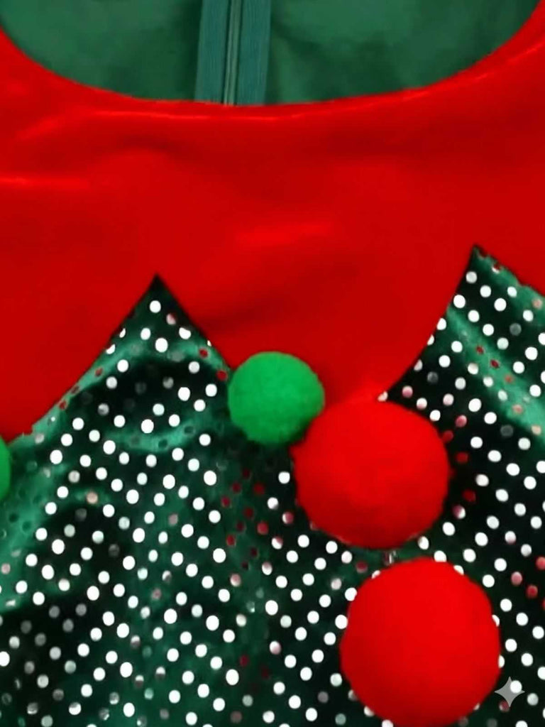 Ensemble de costume d'elfe de Noël à paillettes vertes des années 1950