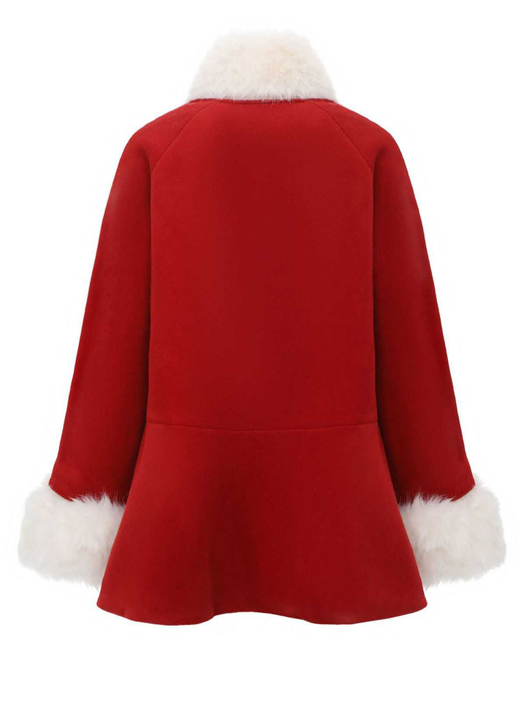 Manteau rouge à bordure en fausse fourrure et boutons en cristal des années 1980