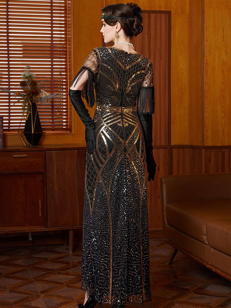 Robe longue à sequins dorés col en V et pompons années 1920