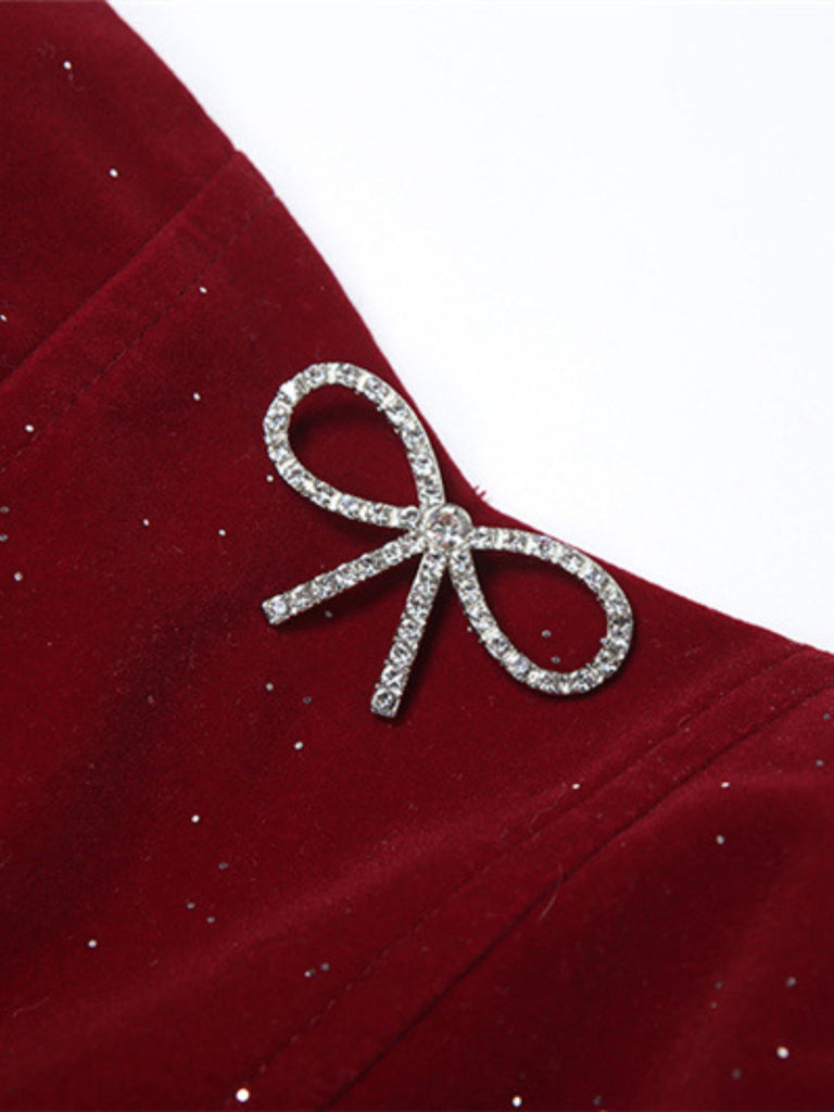 Robe mini bustier nœud et sequins rouge vin années 1980