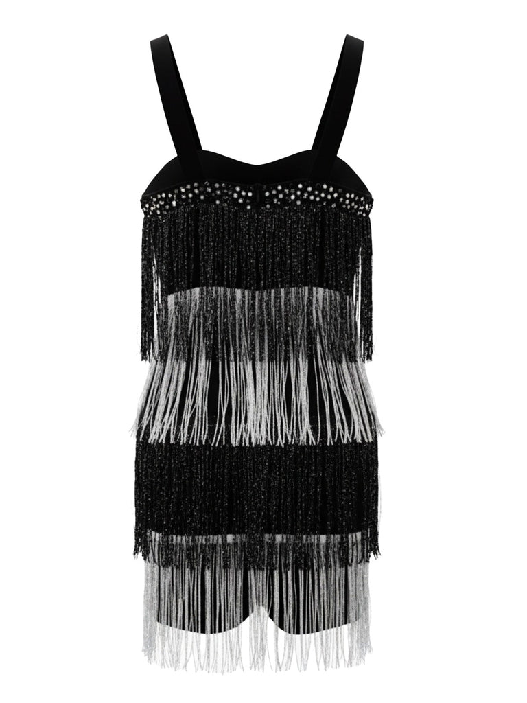 Robe de cocktail noire à bretelles franges et sequins années 1920