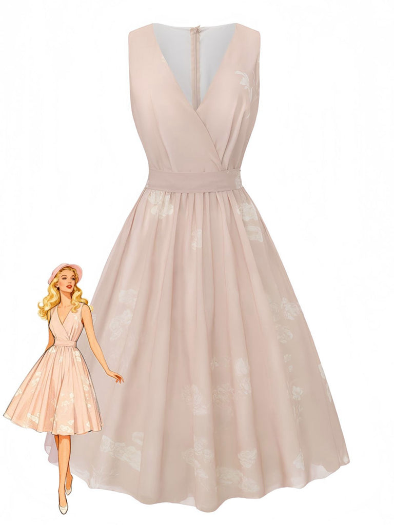 Robe rose sans manches à col V et ceinture florale années 1940