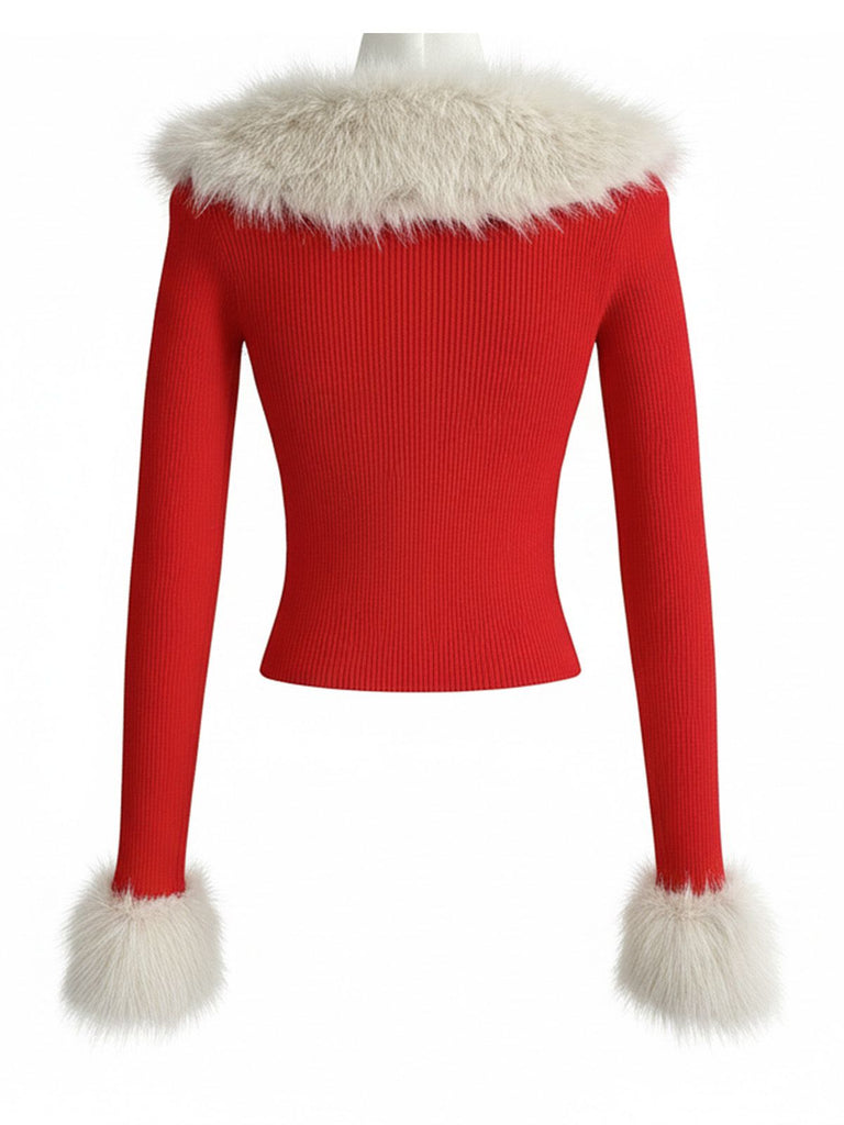 Cardigan rouge en maille col en fourrure amovible des années 1980