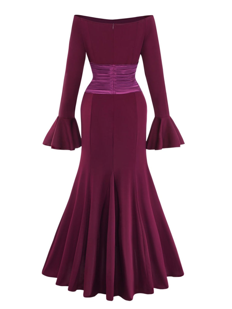 Robe plissée unie à épaules dénudées et manches cloche années 1930