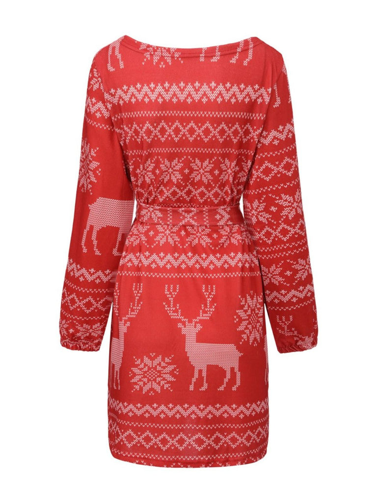 Robe rouge avec motif rennes et flocons de neige années 1960