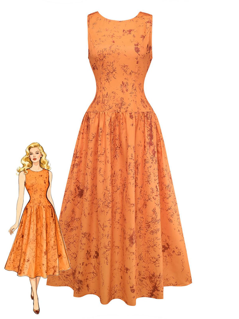 Robe Orange Coton Sans Manches Imprimée Ajustée Années 1930