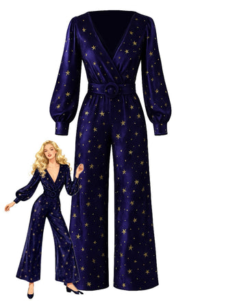 [Prévente] Combinaison bleue foncé en velours et étoiles col en V années 1950